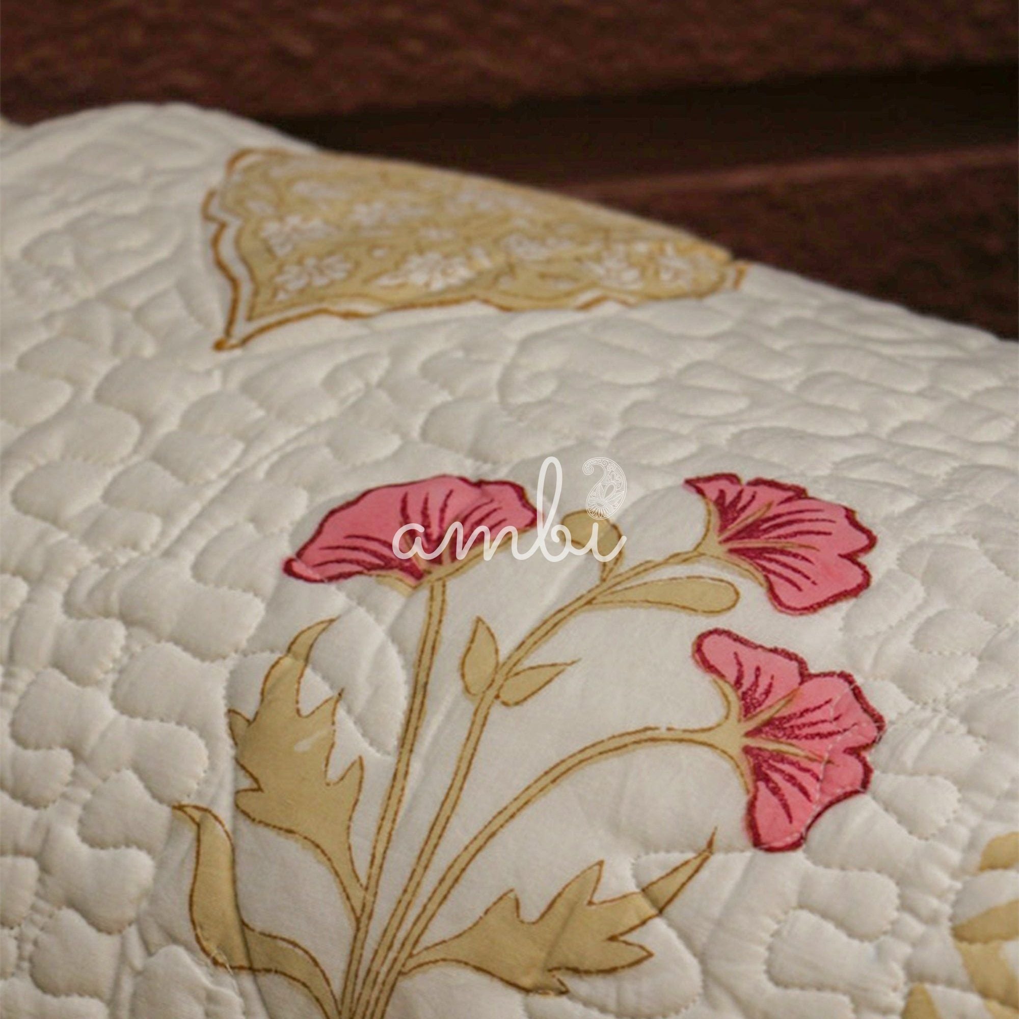 2026 Collection - Bed Cover - Yellow Red Hand Block Printed Jaipuri Quilted Bed Cover with 2 Pillow Covers- Double - 108X108 Inches