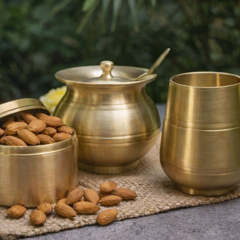 Kansa Wellness Starter Bundle - Almond Box, Damru Glass & Ghee Pot