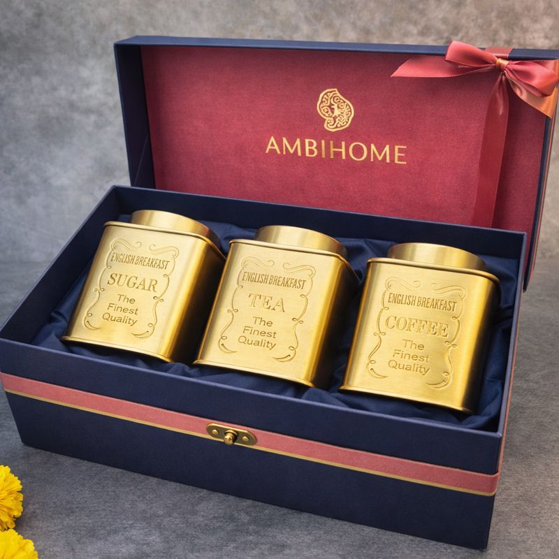 AMBI Tea, Sugar & Coffee Jars - Pure Brass Elegant Etched - Storage container- Set of 3 Gift Box