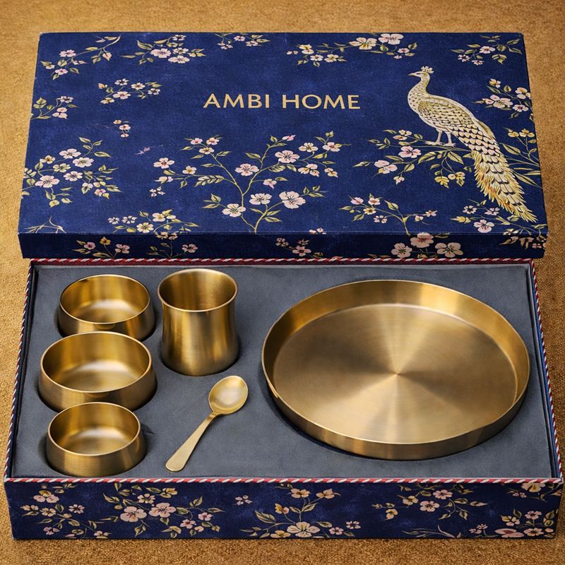 Ambi Pure 100% Lead Free Kansa Curved Thali Set Gift Box - Set of 6 pieces - Matt Finish Heavy Masterpiece