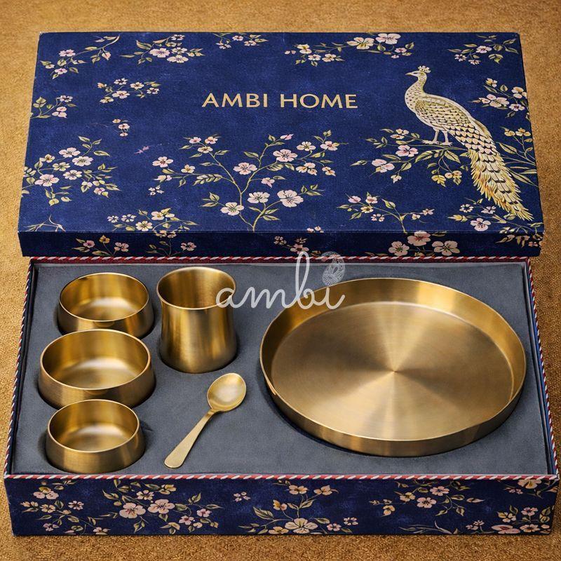 Ambi Pure 100% Lead Free Kansa Curved Thali Set Gift Box - Set of 6 pieces - Matt Finish Heavy Masterpiece