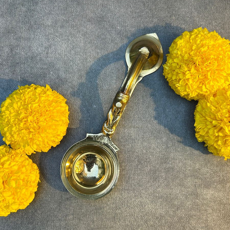 Pure Brass Dhoop Aarti Diya with Handle - Large |7.2 Inch