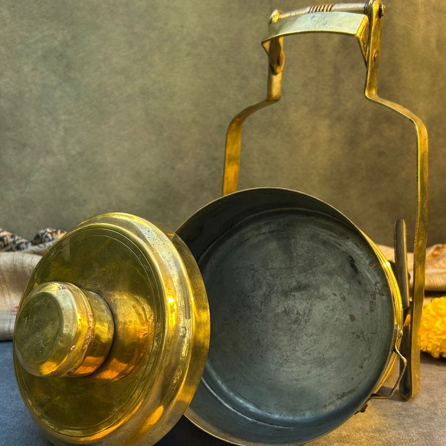 Elegant Handcrafted Vintage Brass Three Tier Tiffin Set