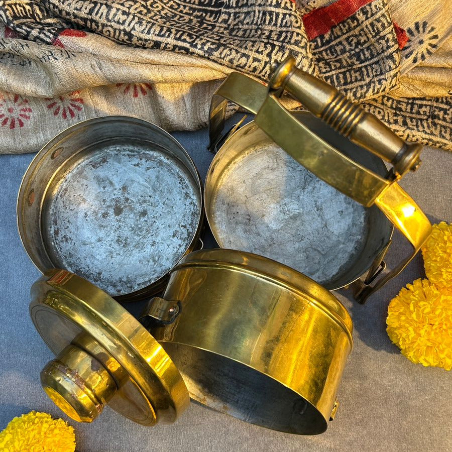 Elegant Handcrafted Vintage Brass Three Tier Tiffin Set