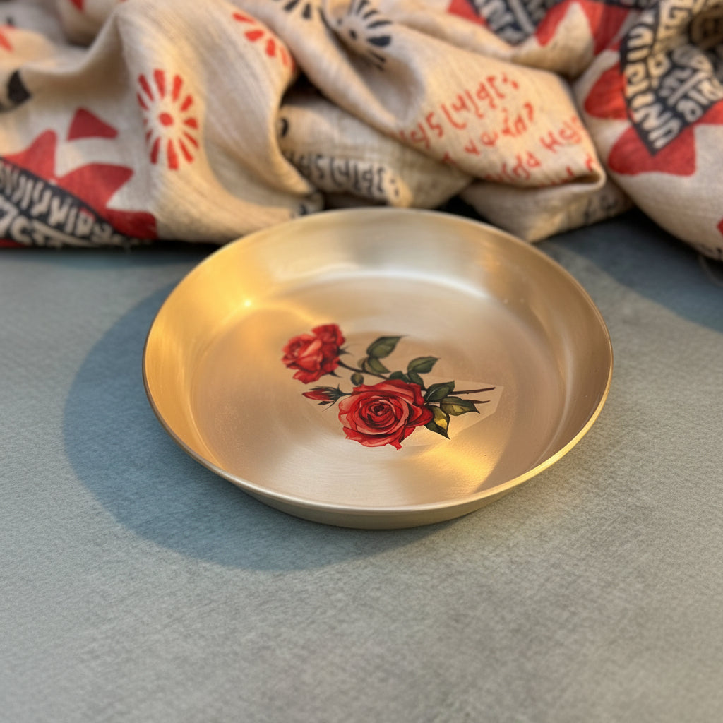 AMBI Lead Free 100% Pure Kansa Small Rose Floral Hand Painted Finish Plate / Dessert Plate - 6 Inch