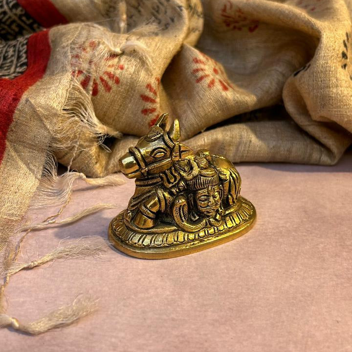 Ambi Pure Brass Nandi Idol with Shiva & Parvati Engraving - Medium Size - 2.5 Inch Height