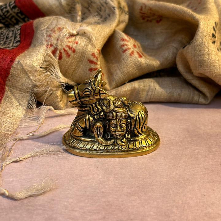 Ambi Pure Brass Nandi Idol with Shiva & Parvati Engraving - Medium Size - 2.5 Inch Height