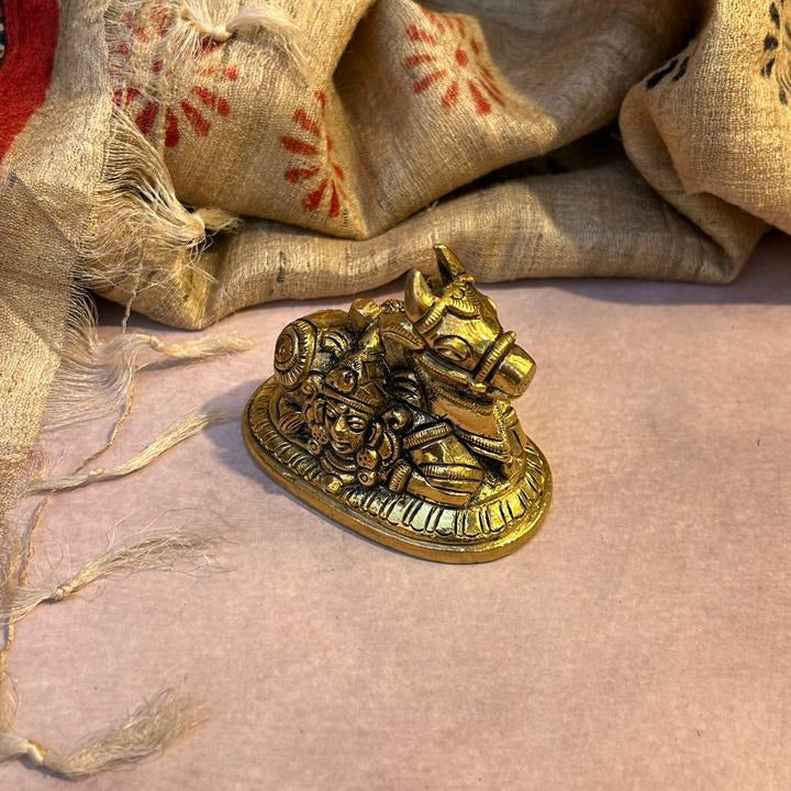 Ambi Pure Brass Nandi Idol with Shiva & Parvati Engraving - Medium Size - 2.5 Inch Height