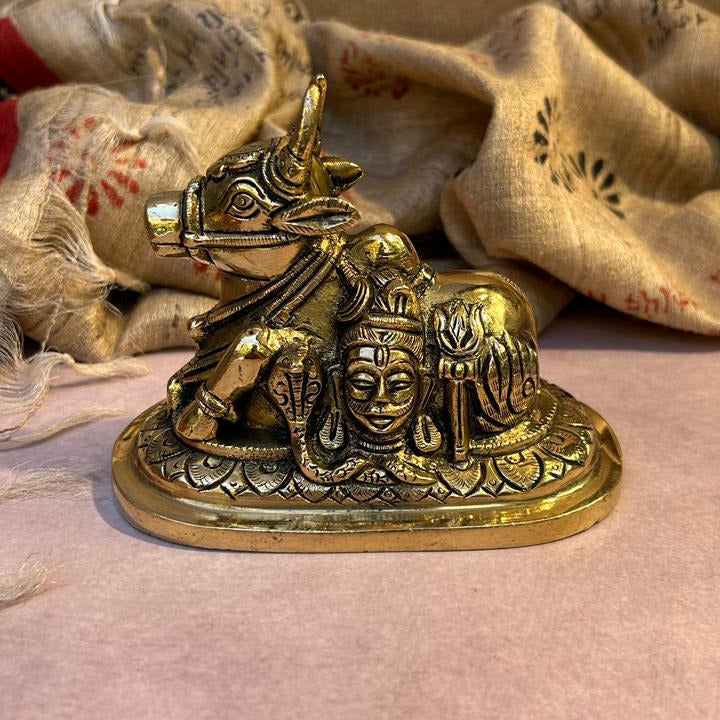 Ambi Pure Brass Nandi Idol with Shiva & Parvati Engraving - Big Size - 4.5 Inch