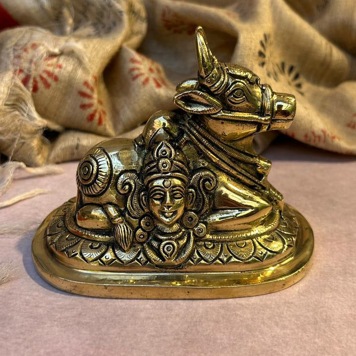 Ambi Pure Brass Nandi Idol with Shiva & Parvati Engraving - Big Size - 4.5 Inch
