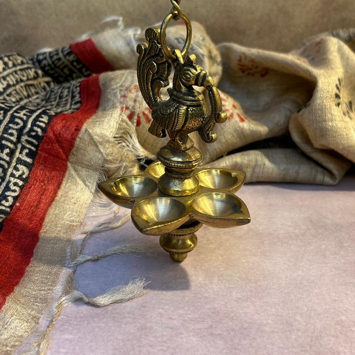 Ambi Pure Brass Hanging Peacock Deepam with 5 Diyas & Chain