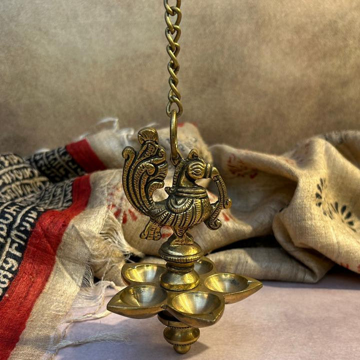 Ambi Pure Brass Hanging Peacock Deepam with 5 Diyas & Chain