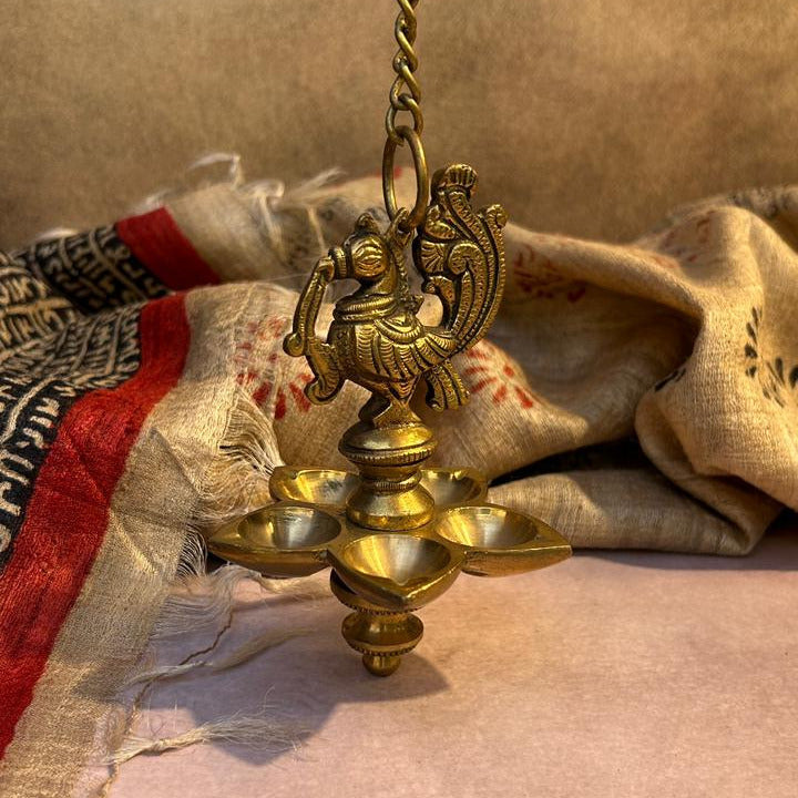 Ambi Pure Brass Hanging Peacock Deepam with 5 Diyas & Chain