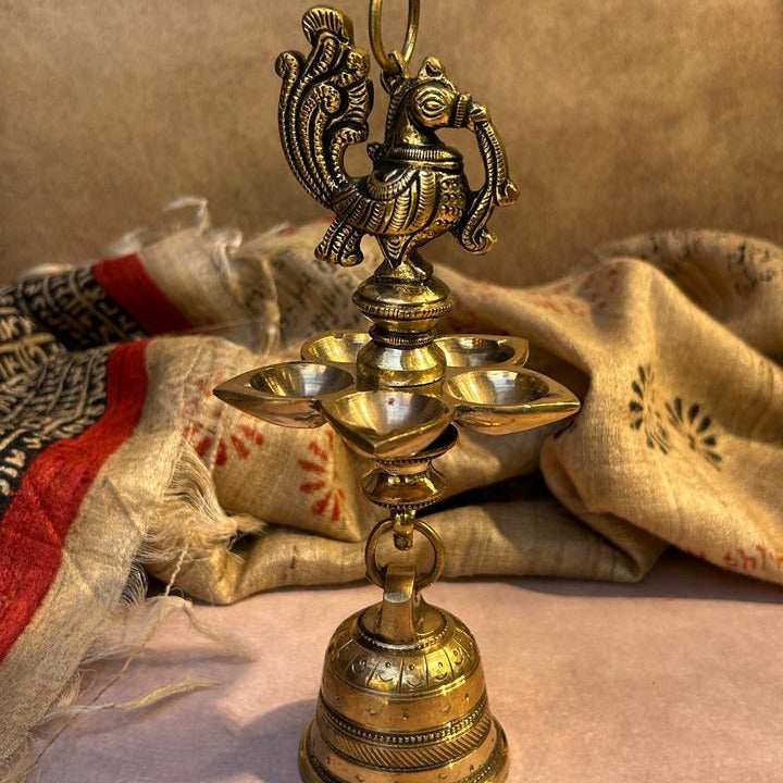 Ambi Pure Brass Hanging Peacock Deepam with 5 Diyas, Chain, Hoop & Bell