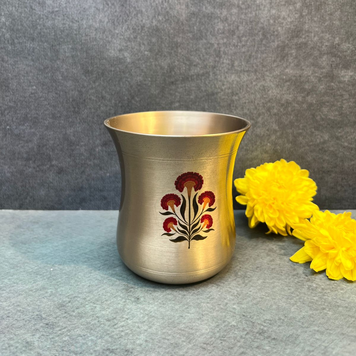 AMBI Pure 100% Lead Free Kansa (Bronze) Floral Hand Painted Finish Water Glass - 275 ml