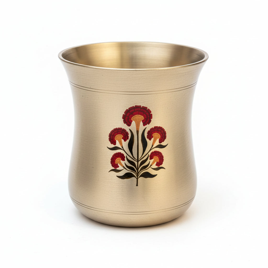 AMBI Pure 100% Lead Free Kansa (Bronze) Floral Hand Painted Finish Water Glass - 275 ml
