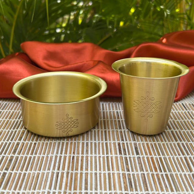 Pure Brass Coffee Filter & Dabara Set — Sikku Kolam Design | Ambi South Indian Morning Raga