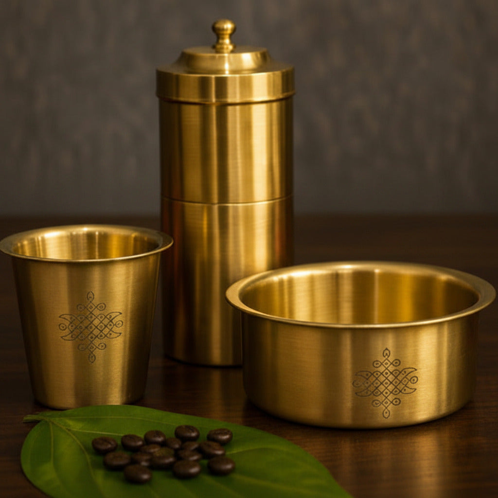 Ambi Pure Brass Coffee Filter and Dabara Cup Set - Sikku Kolam Design | South Indian Morning Raga