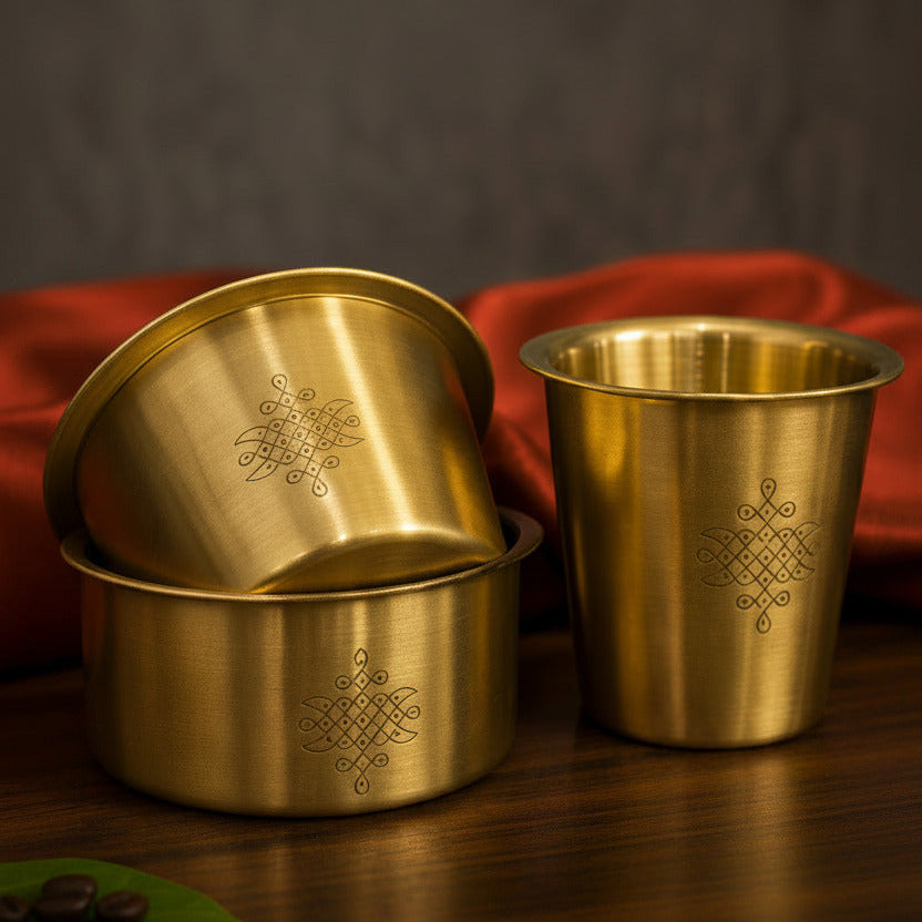 Ambi Pure Brass Coffee Filter and Dabara Cup Set - Sikku Kolam Design | South Indian Morning Raga