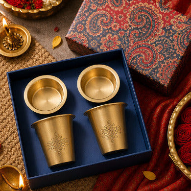 Pure Brass Coffee Filter & Dabara Cup Set — Sikku Kolam Design | Ambi