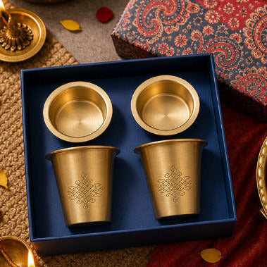 Pure Brass Coffee Filter & Dabara Cup Set — Sikku Kolam Design | Ambi