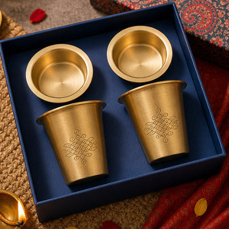 Pure Brass Coffee Filter & Dabara Cup Set — Sikku Kolam Design | Ambi