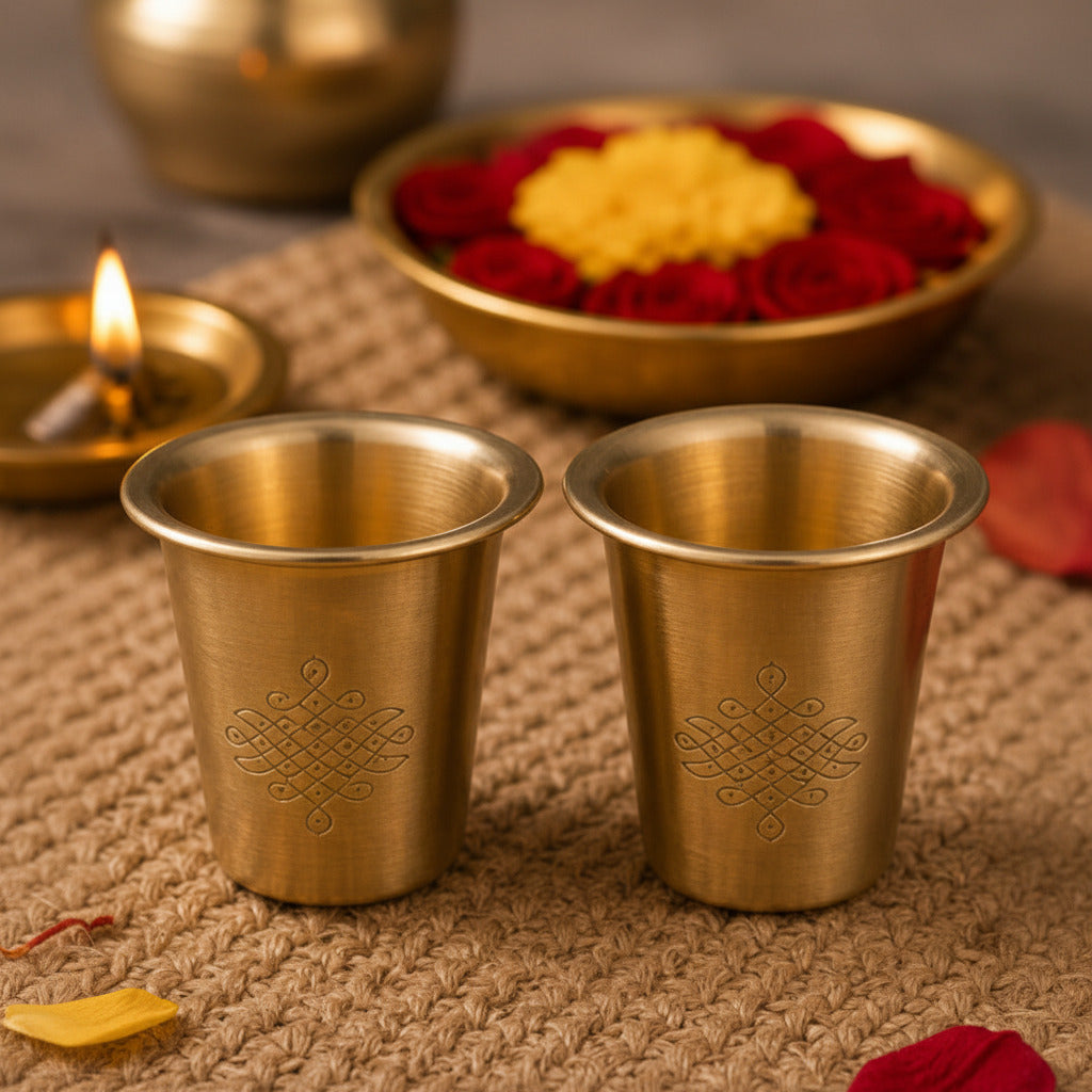 Ambi Pure Brass Coffee Filter and Dabara Cup Set - Sikku Kolam Design | South Indian Morning Raga