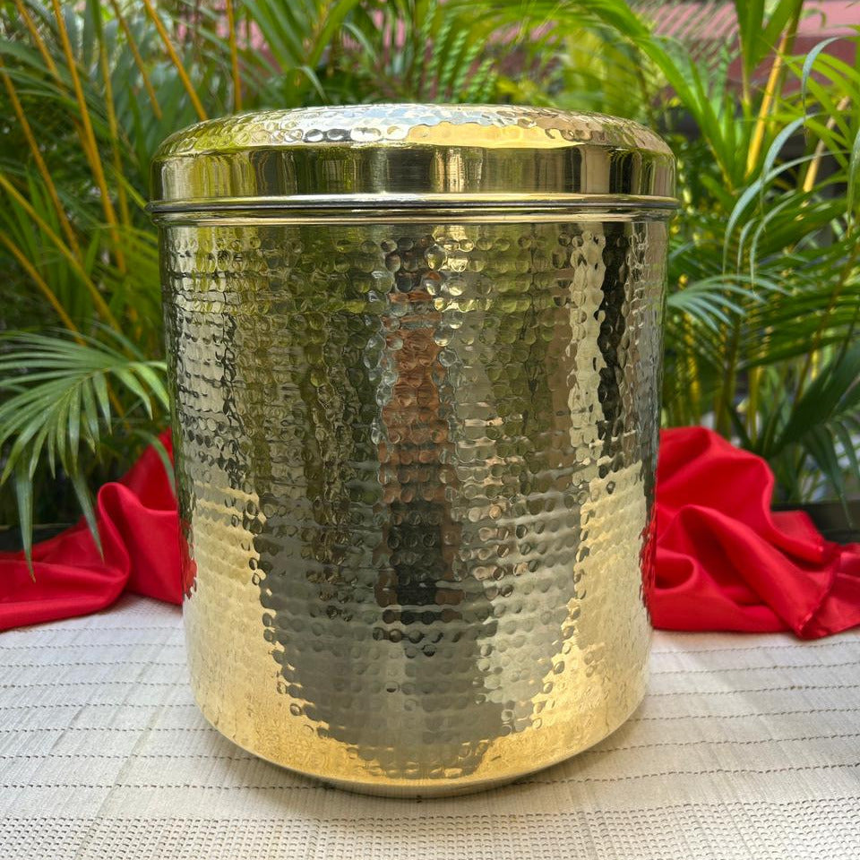 Ambi Home Pure Brass Hammered Dabba | Kitchen Storage Box for Atta, Dal, Spices – Capacity 3555 ML