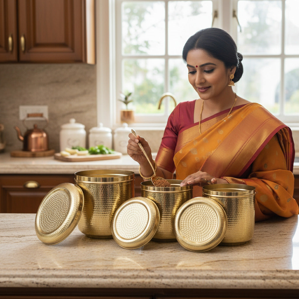 Ambi Home Pure Brass Hammered Dabba 2.2 ltrs | Kitchen Storage Box for Atta, Dal, Spices – Capacity 2180 ML