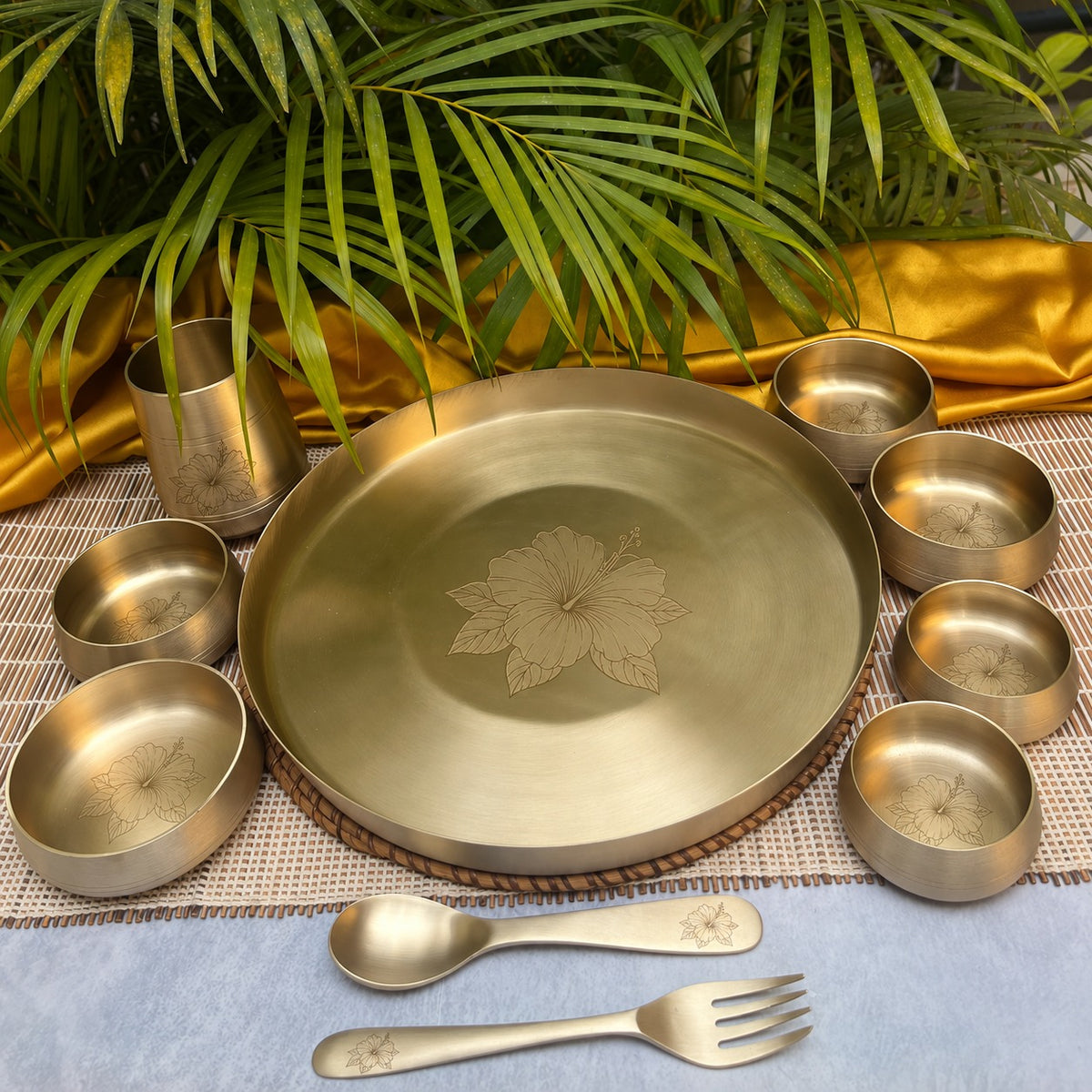 Ambi 100% Pure Kansa Thali Set with Hibiscus Etching | Traditional Dinnerware Set | 10 Pieces