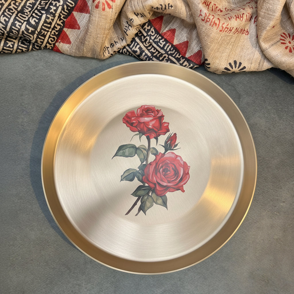 Lead Free 100% Pure Kansa Floral Hand Painted Finish Plate - Rose Design - 11.5 Inch