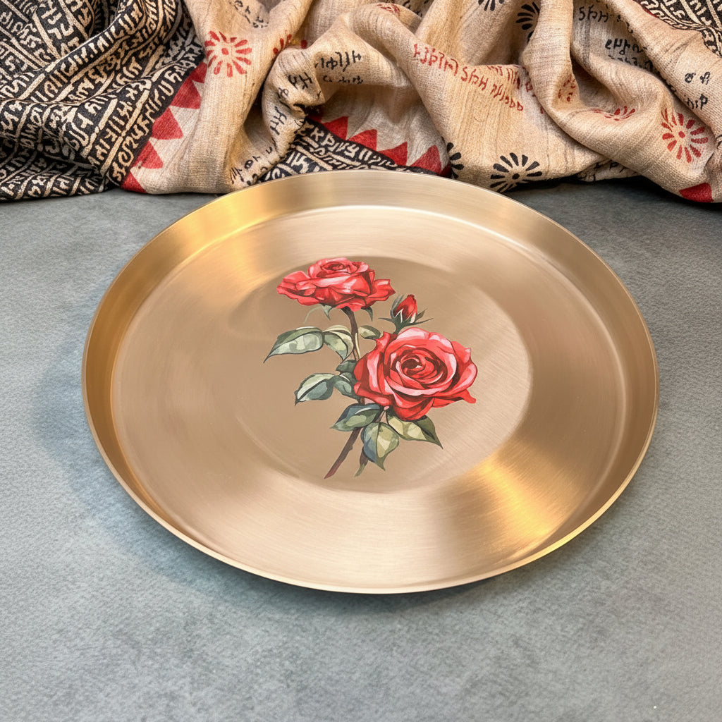Lead Free 100% Pure Kansa Floral Hand Painted Finish Plate - Rose Design - 11.5 Inch