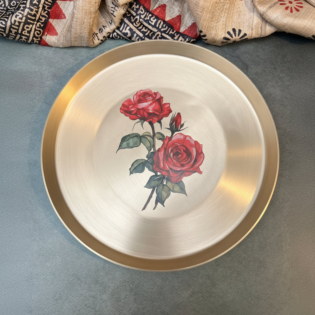 Lead Free 100% Pure Kansa Floral Hand Painted Finish Plate - Rose Design - 11.5 Inch