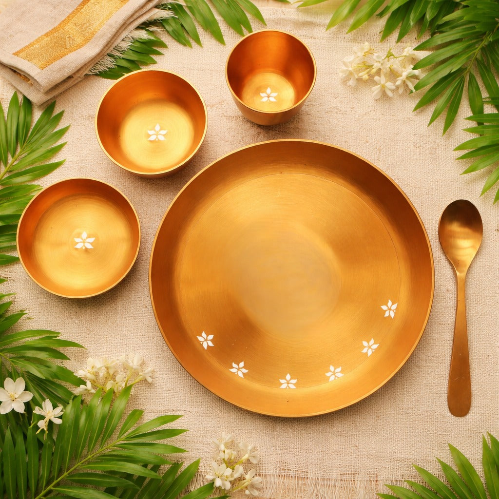Pure 100% Lead Free Kansa Exquisite Thali Set with Floral Laser Cut Design- 5 pcs set