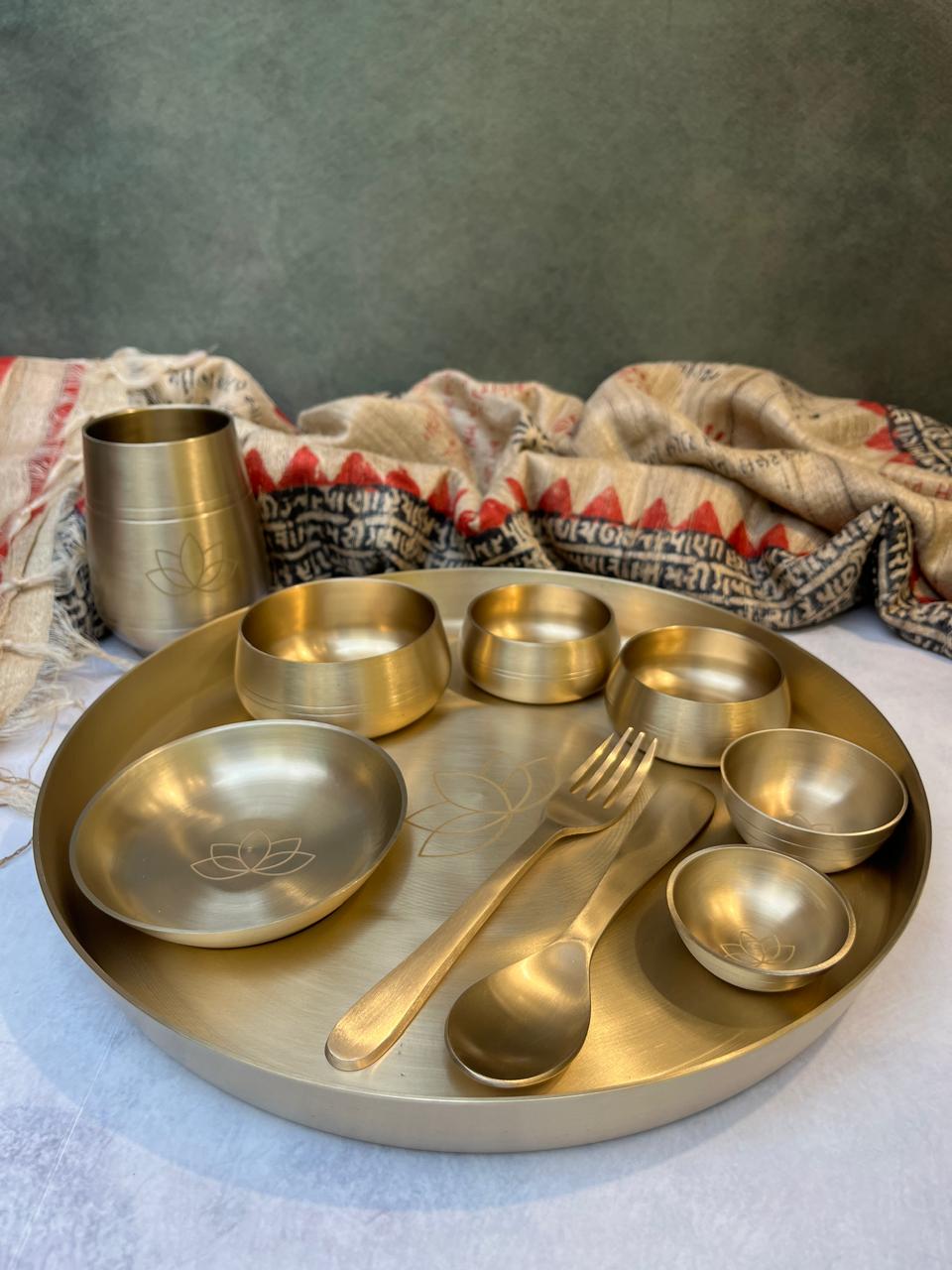 AMBI Curved Kansa Thali Set with Laser Cut Lotus Design - Matt Finish - Heavy Grade (Set of 10 Pieces)