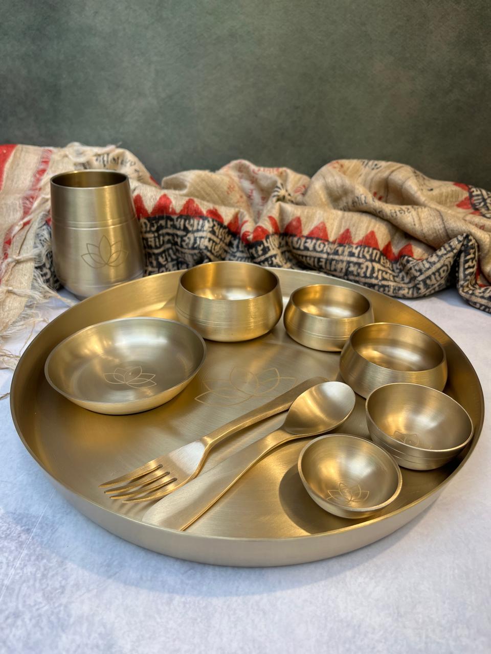 AMBI Curved Kansa Thali Set with Laser Cut Lotus Design - Matt Finish - Heavy Grade (Set of 10 Pieces)