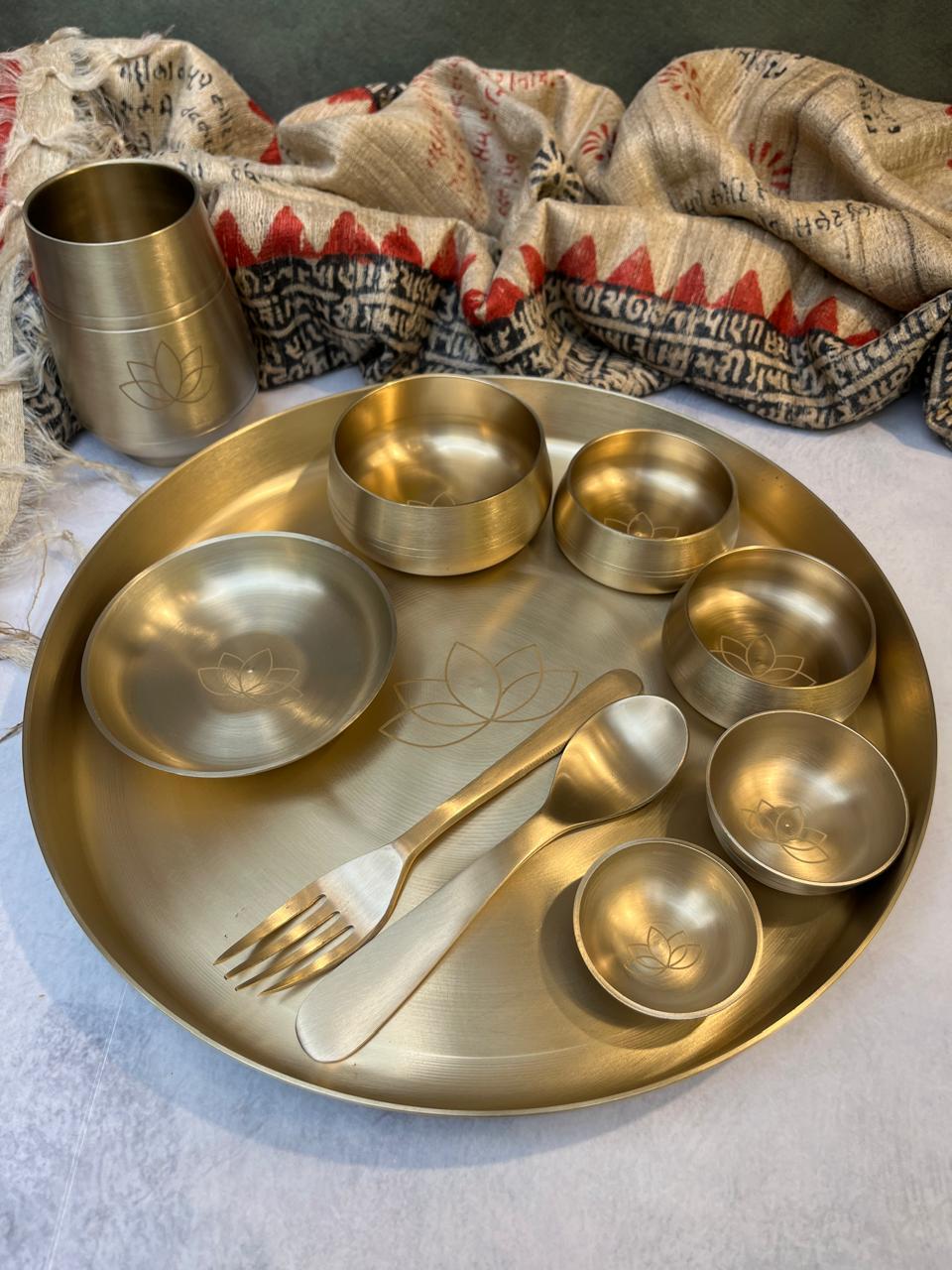 AMBI Curved Kansa Thali Set with Laser Cut Lotus Design - Matt Finish - Heavy Grade (Set of 10 Pieces)