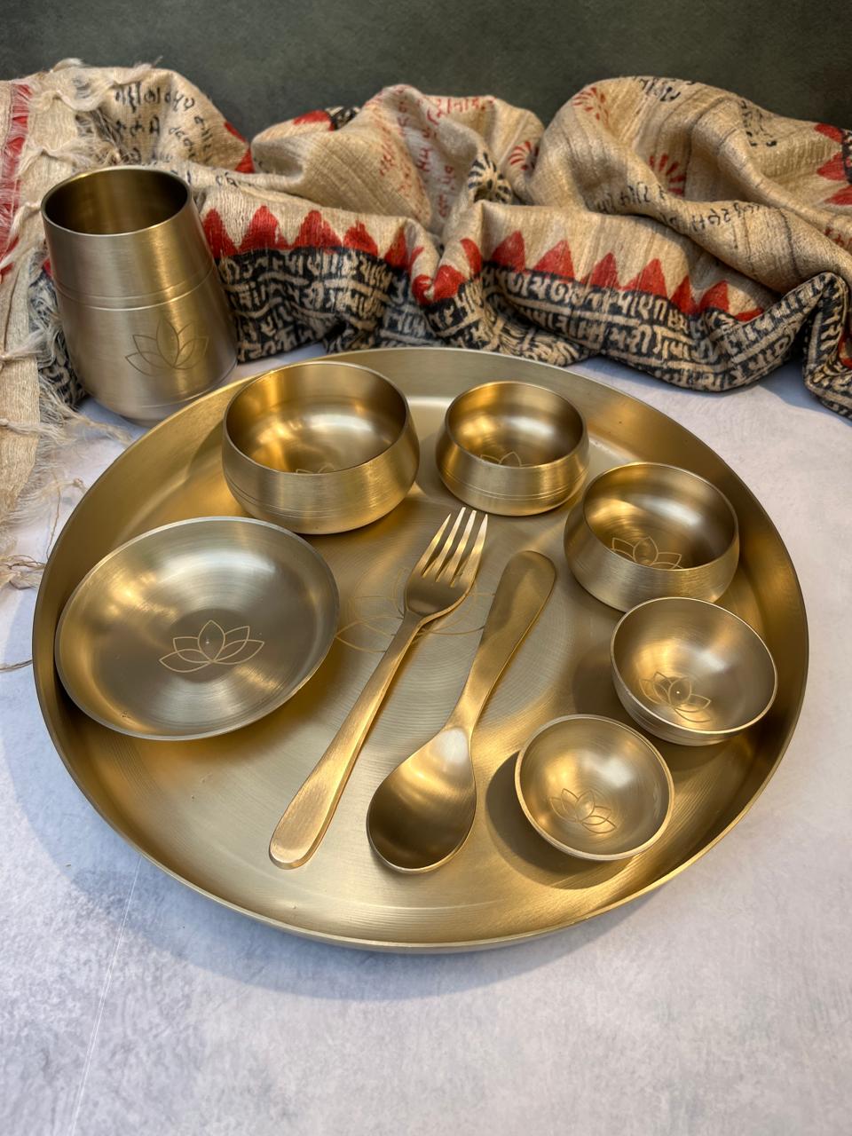 AMBI Curved Kansa Thali Set with Laser Cut Lotus Design - Matt Finish - Heavy Grade (Set of 10 Pieces)