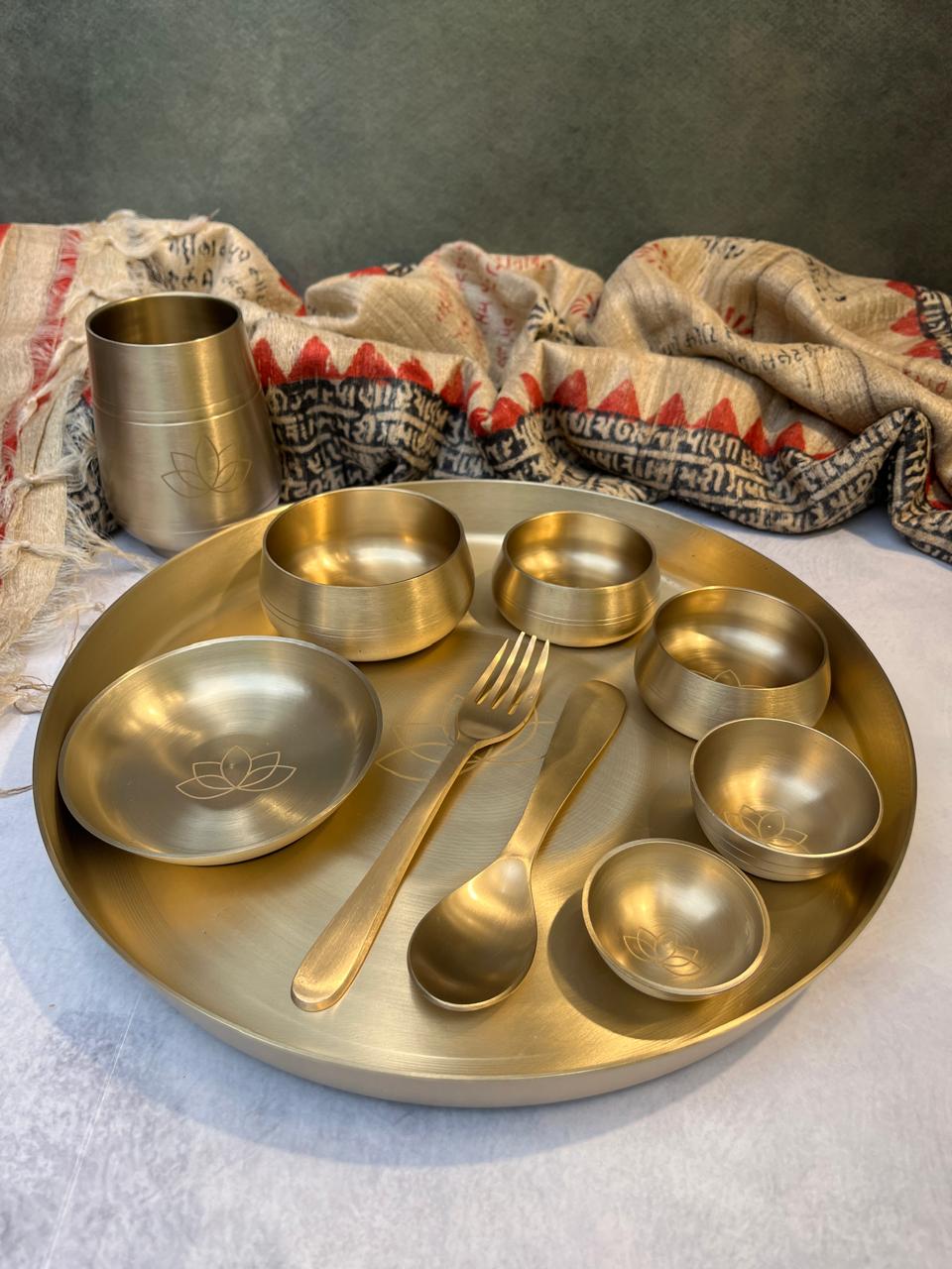 AMBI Curved Kansa Thali Set with Laser Cut Lotus Design - Matt Finish - Heavy Grade (Set of 10 Pieces)