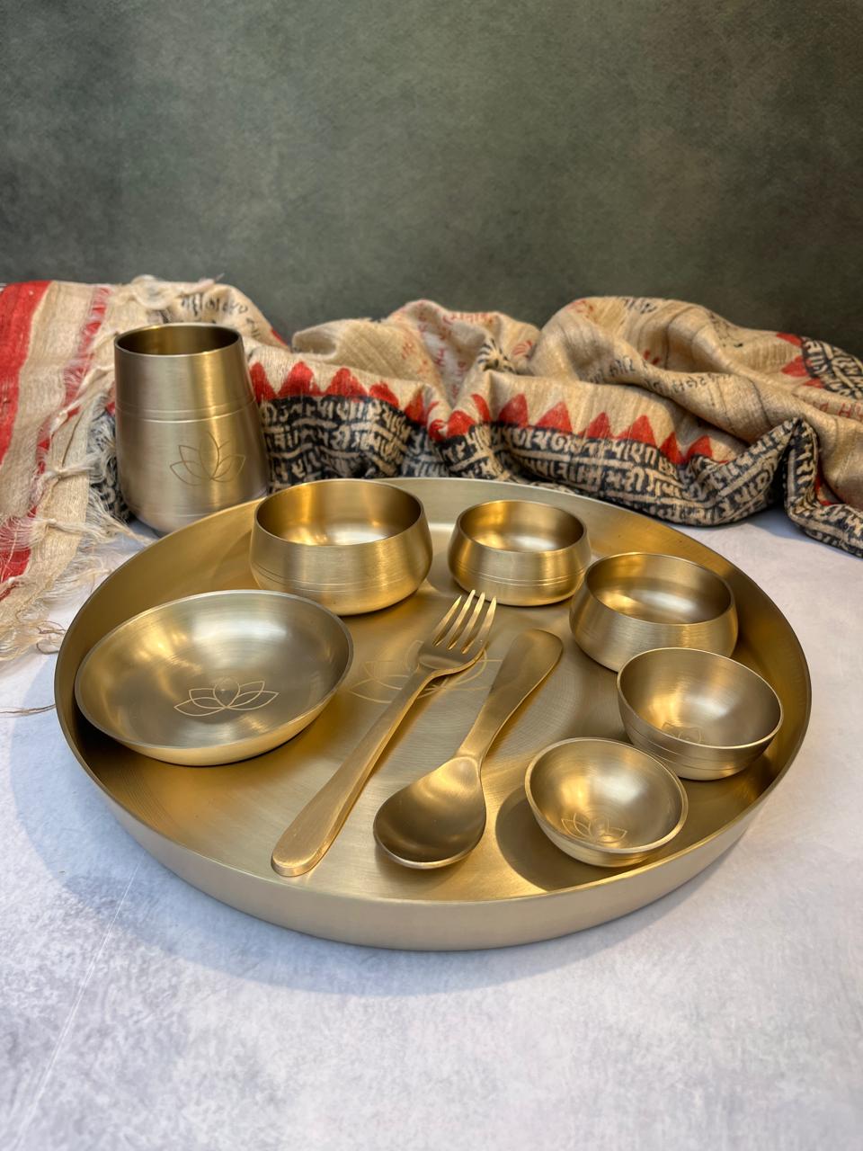 AMBI Curved Kansa Thali Set with Laser Cut Lotus Design - Matt Finish - Heavy Grade (Set of 10 Pieces)
