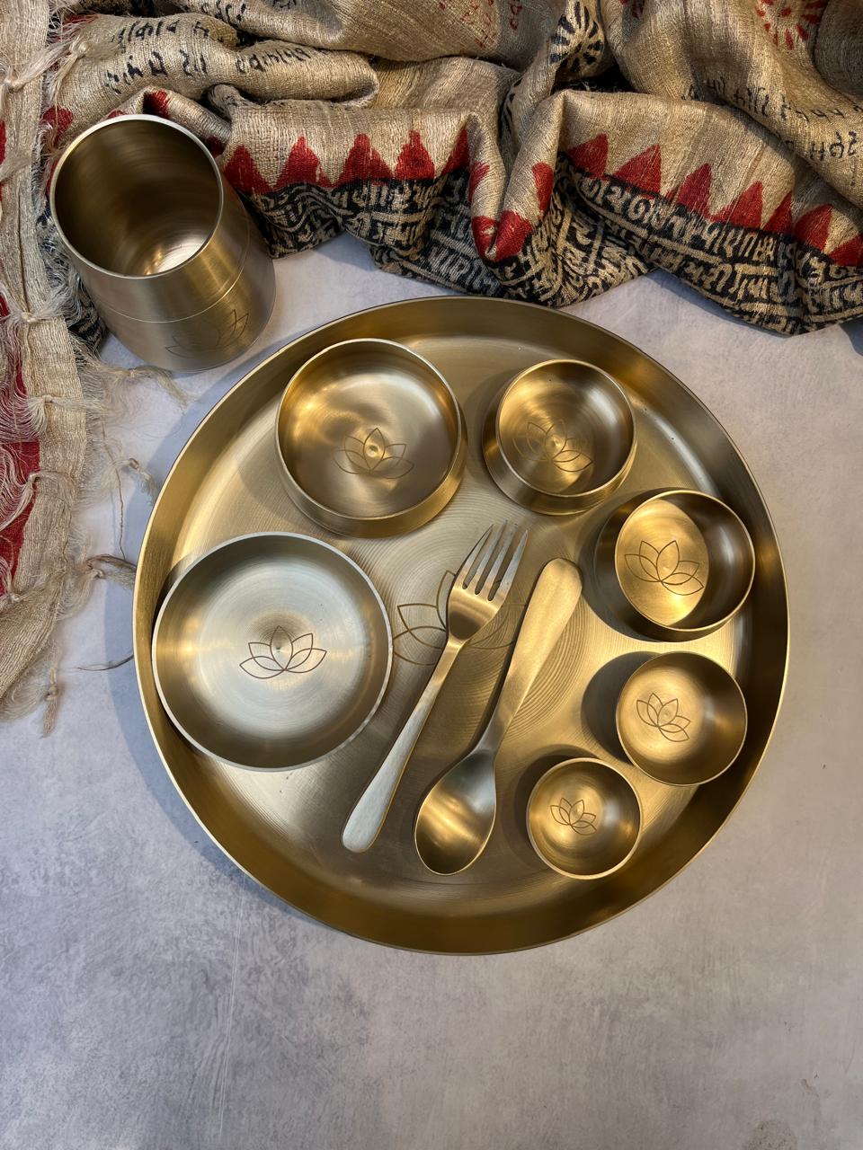 AMBI Curved Kansa Thali Set with Laser Cut Lotus Design - Matt Finish - Heavy Grade (Set of 10 Pieces)