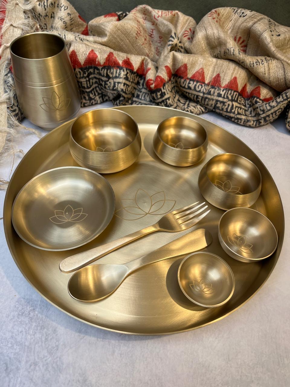 AMBI Curved Kansa Thali Set with Laser Cut Lotus Design - Matt Finish - Heavy Grade (Set of 10 Pieces)