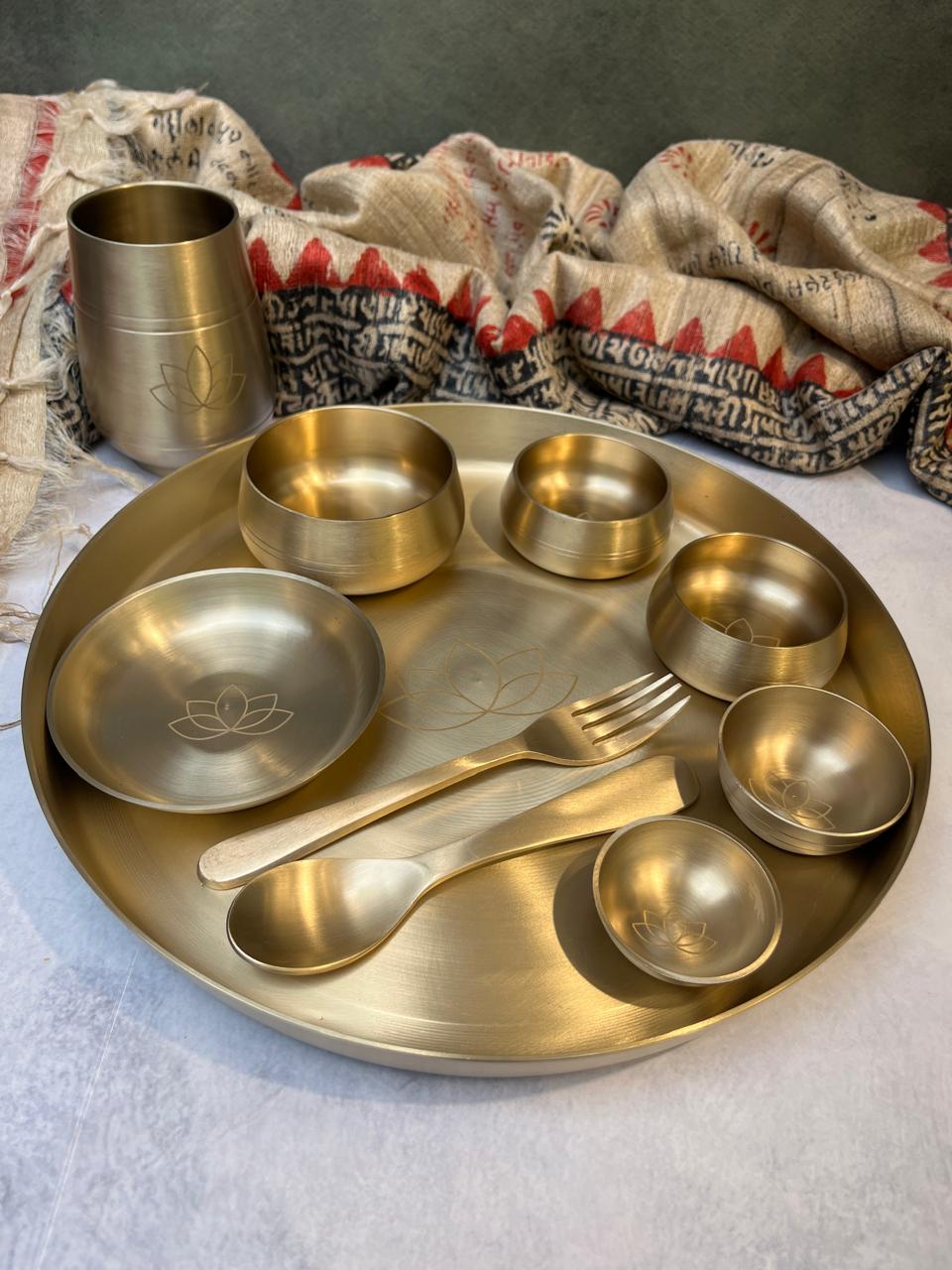 AMBI Curved Kansa Thali Set with Laser Cut Lotus Design - Matt Finish - Heavy Grade (Set of 10 Pieces)