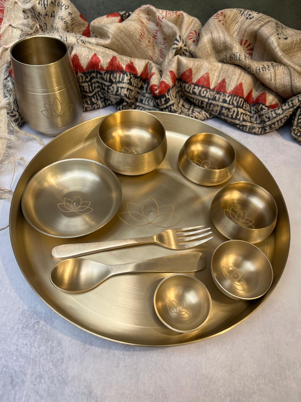 AMBI Curved Kansa Thali Set with Laser Cut Lotus Design - Matt Finish - Heavy Grade (Set of 10 Pieces)