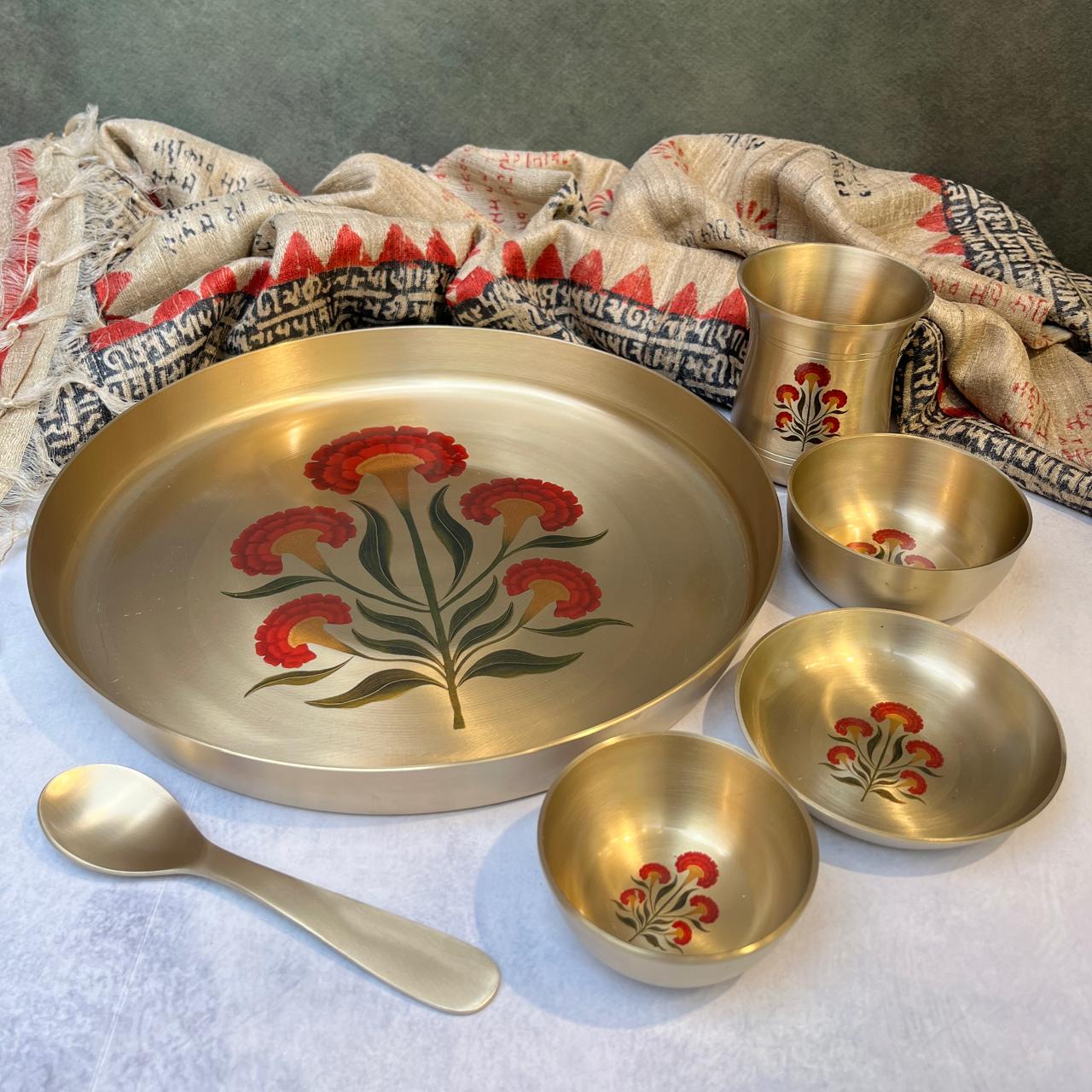 Ambi Pure Kansa Floral Motif Thali Set of 6 — Handcrafted Dining Statement Piece