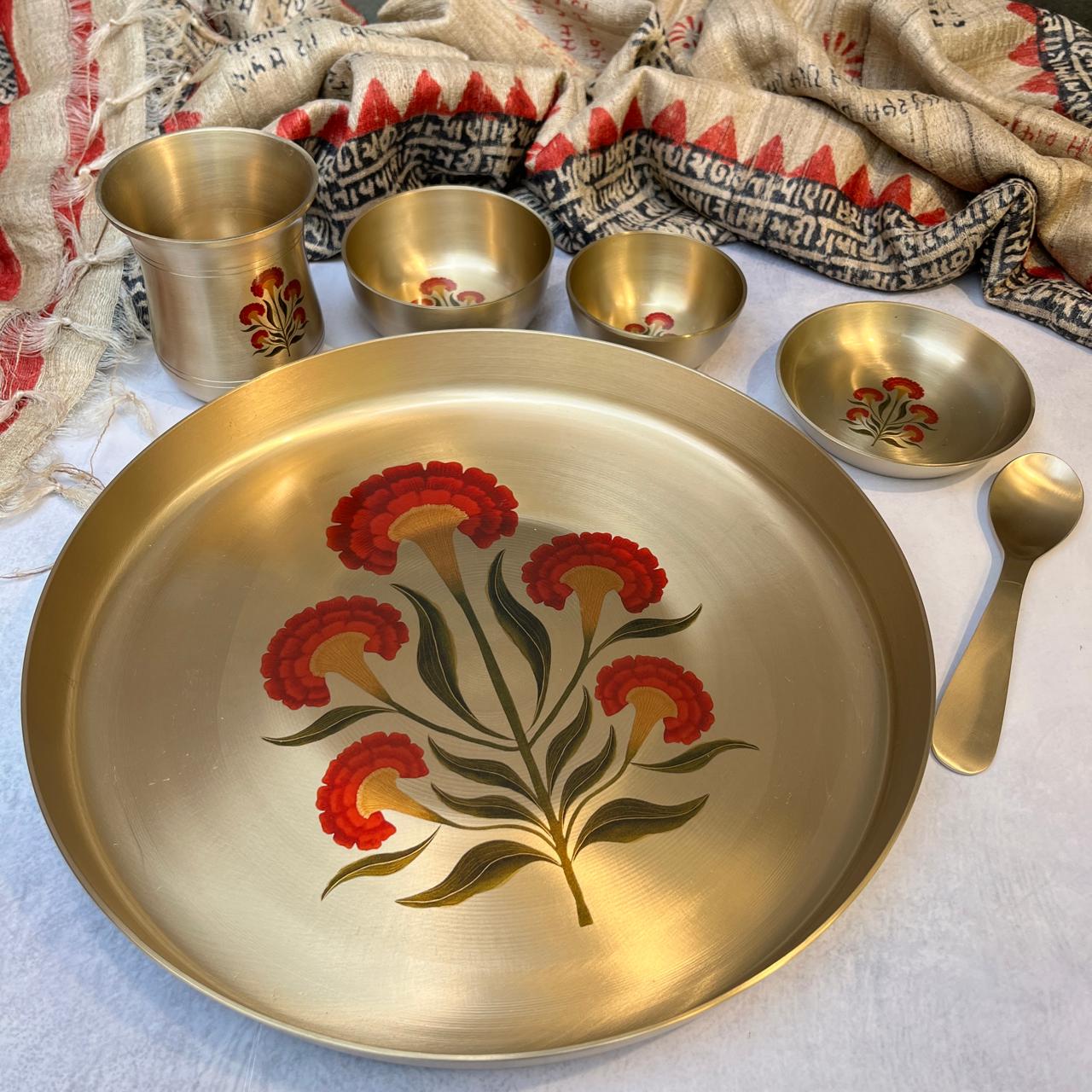 Ambi Pure Kansa Floral Motif Thali Set of 6 — Handcrafted Dining Statement Piece