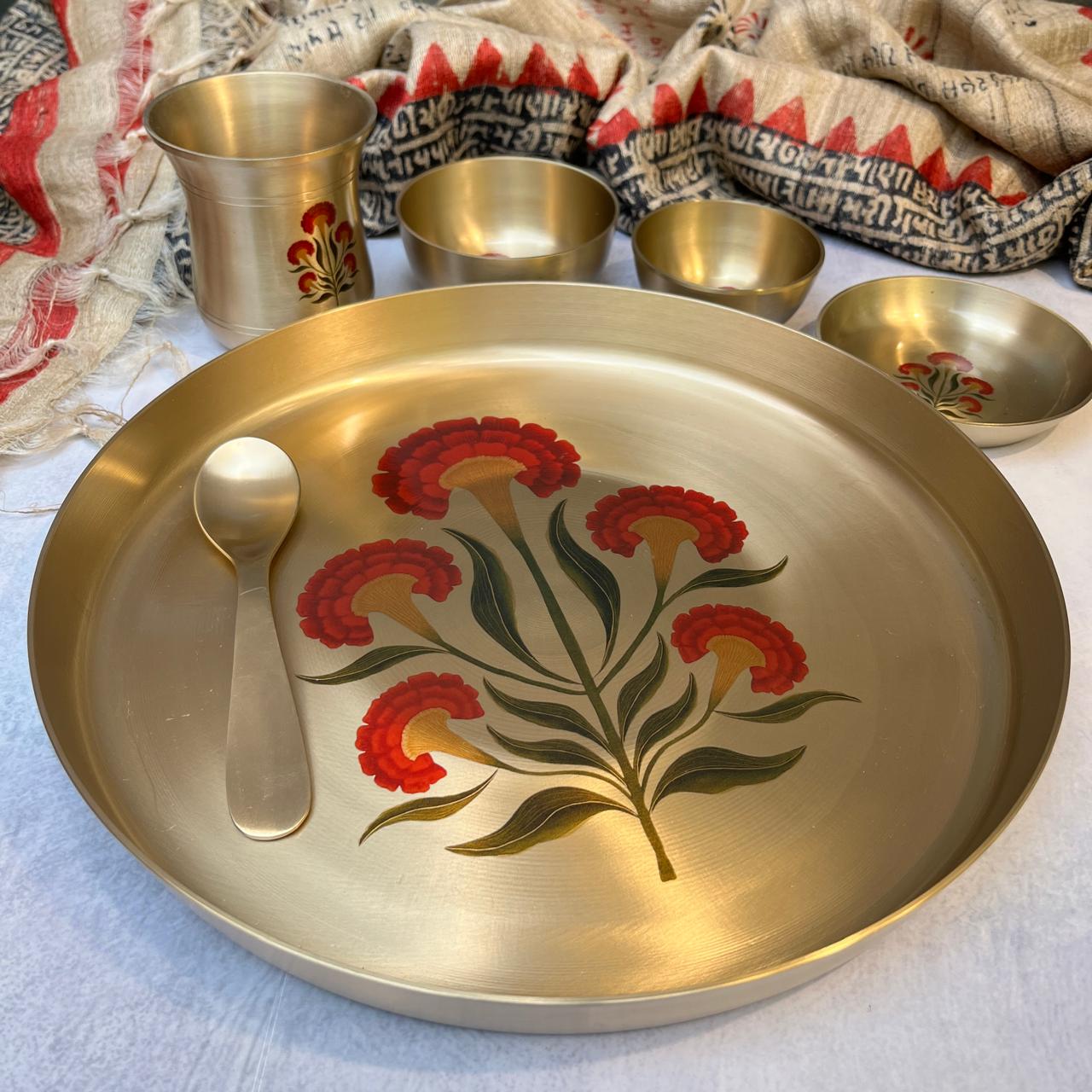 Ambi Pure Kansa Floral Motif Thali Set of 6 — Handcrafted Dining Statement Piece