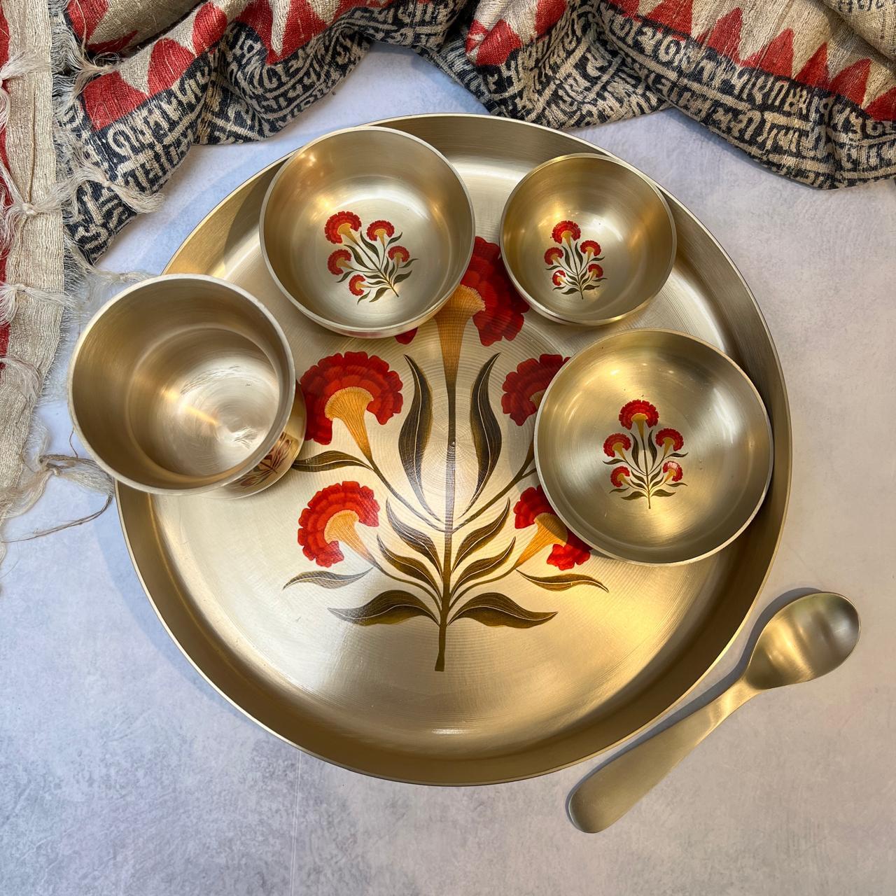 Ambi Pure Kansa Floral Motif Thali Set of 6 — Handcrafted Dining Statement Piece