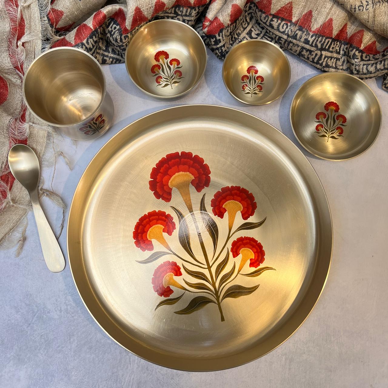 Ambi Pure Kansa Floral Motif Thali Set of 6 — Handcrafted Dining Statement Piece