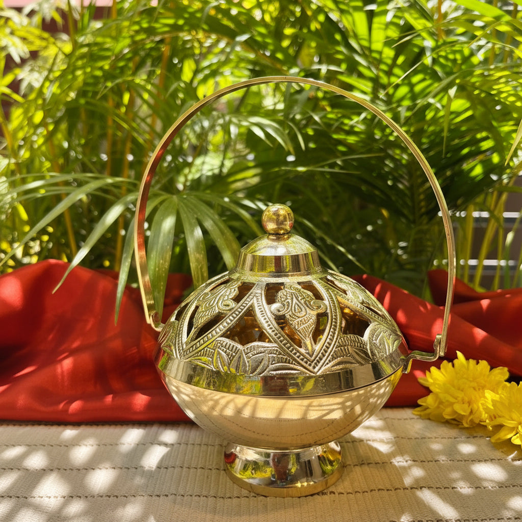 Kamandalam Brass Dhuni Loban Sambrani Incense Burner with Hanging Arm- A Masterpiece
